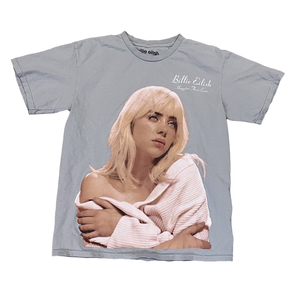 Billie Eilish Happier Than Ever Graphic T-Shirt Medium Light Blue Short Sleeve